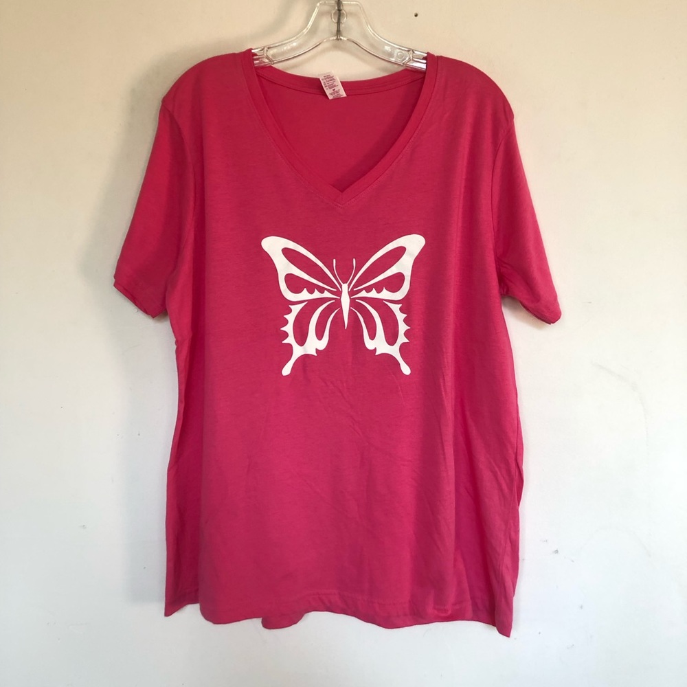 Pink Butterfly V Neck Tee Shirt